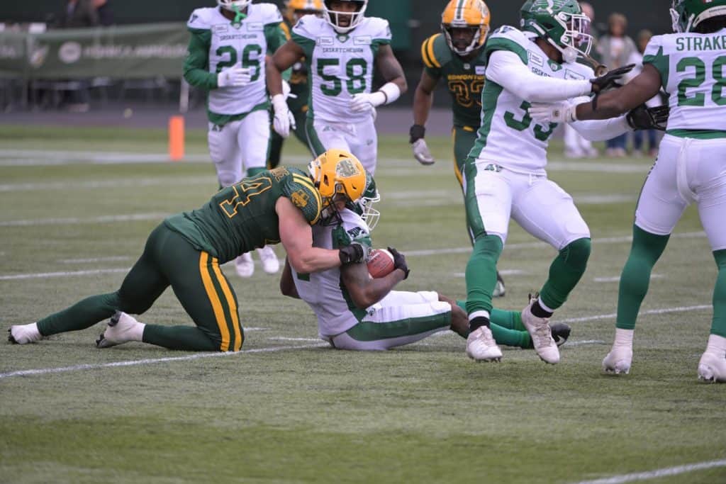 MICHAEL BRODRIQUE (#44) RECORDS A TACKLE ON SPECIAL TEAMS AGAINST THE ROUGHRIDERS