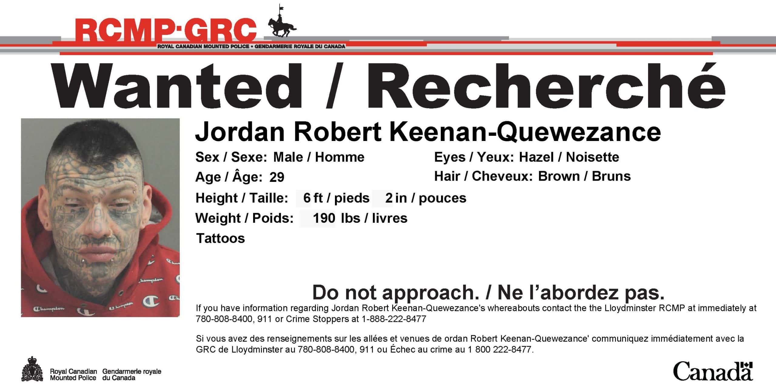 Wanted poster for Jordan Keenan-Quewezance