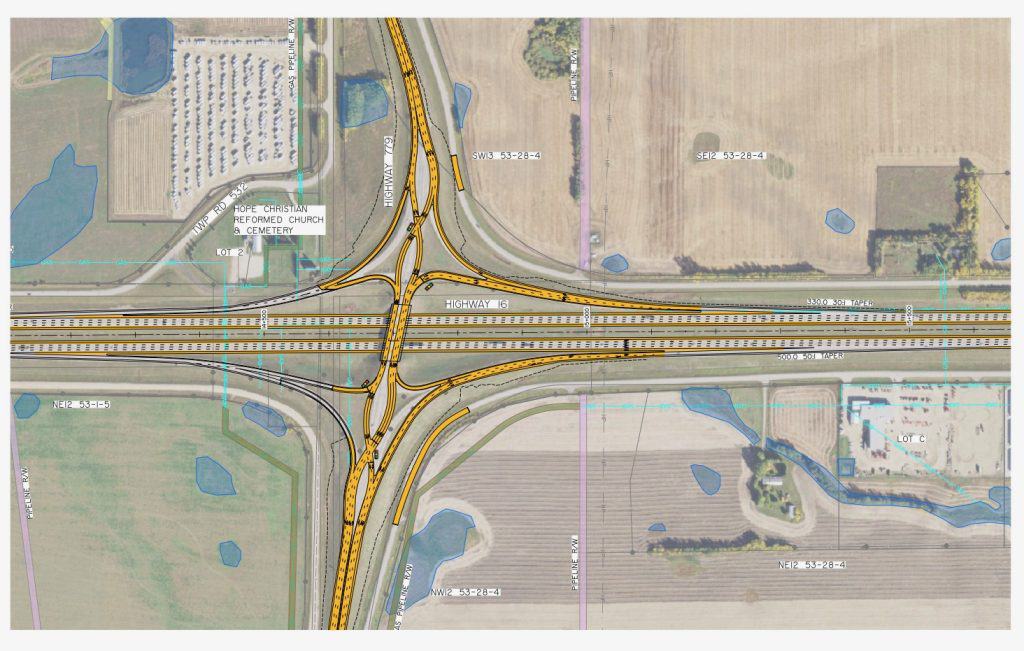 Rendering of proposed diverging diamond interchange at Highway 16 and Highway 779