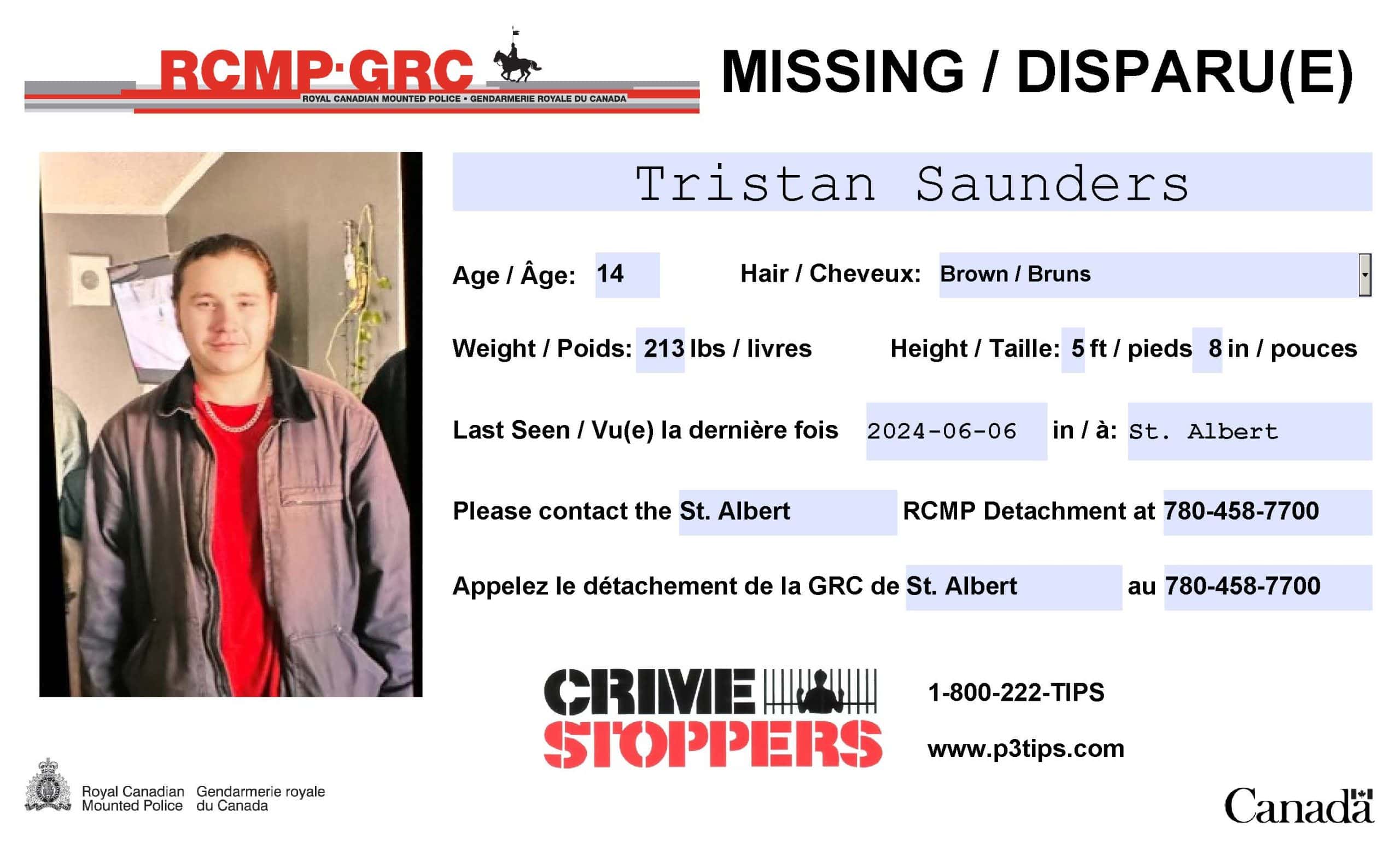 Missing person poster for Tristan Saunders
