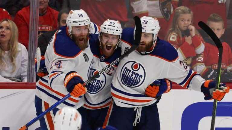 Oilers top line celebrates a goal in Game 5 of the Stanley Cup Final