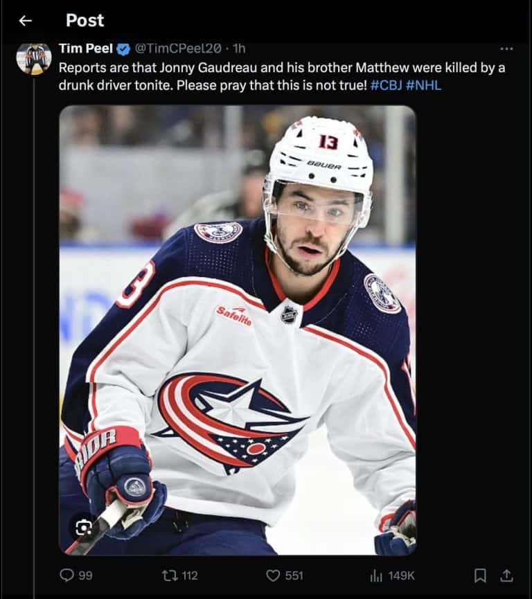 Screenshot of Tim Peel's tweet reporting the death of Johnny Gaudreau