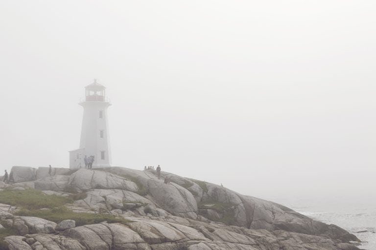 Peggy's Cove lighthouse in fog