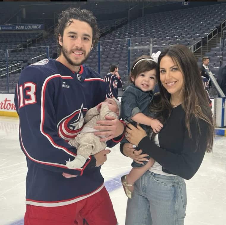 Johnny Gaudreau with wife, Meredith; son, Johnny; and daughter Noa.