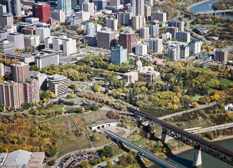 Arial view of the Legislature and High Level Bridge in fall.