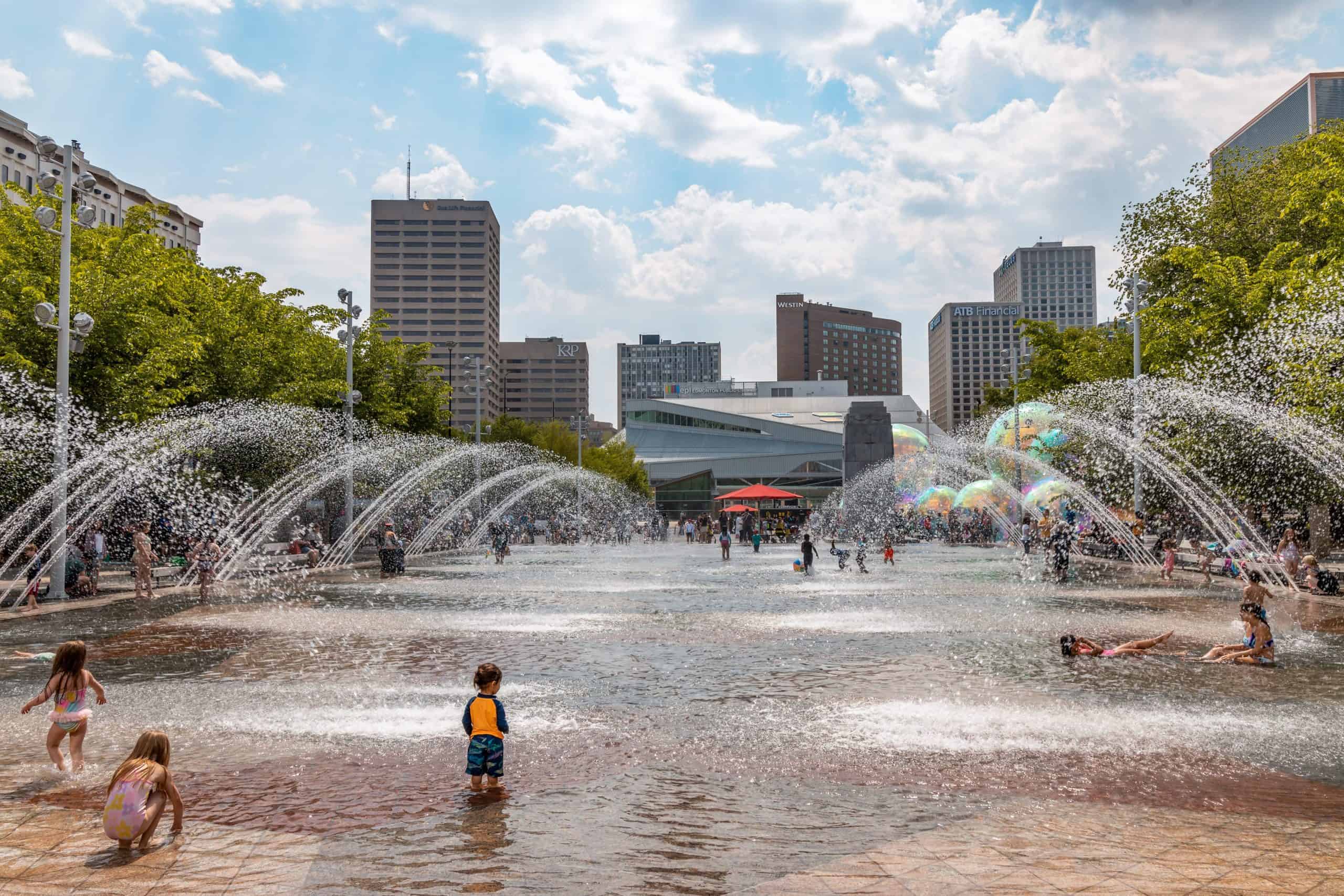 City Hall fountains in summer.