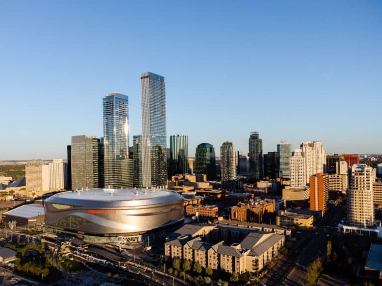 Downtown Edmonton skyline with Rogers Place in the foreground