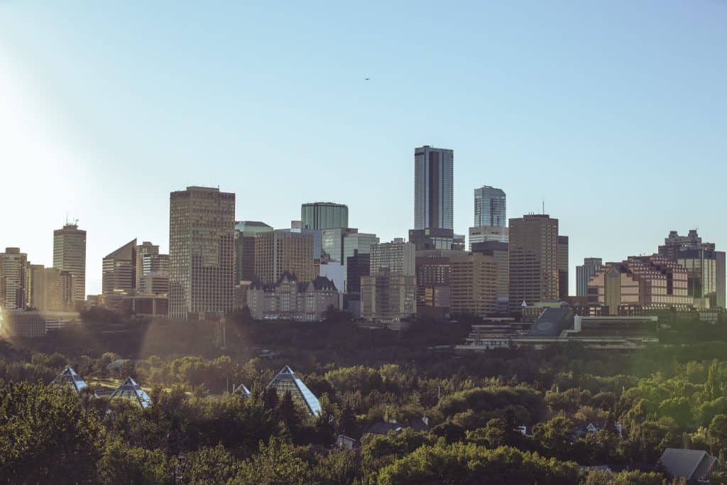 Downtown skyline with sun flare in summer.
