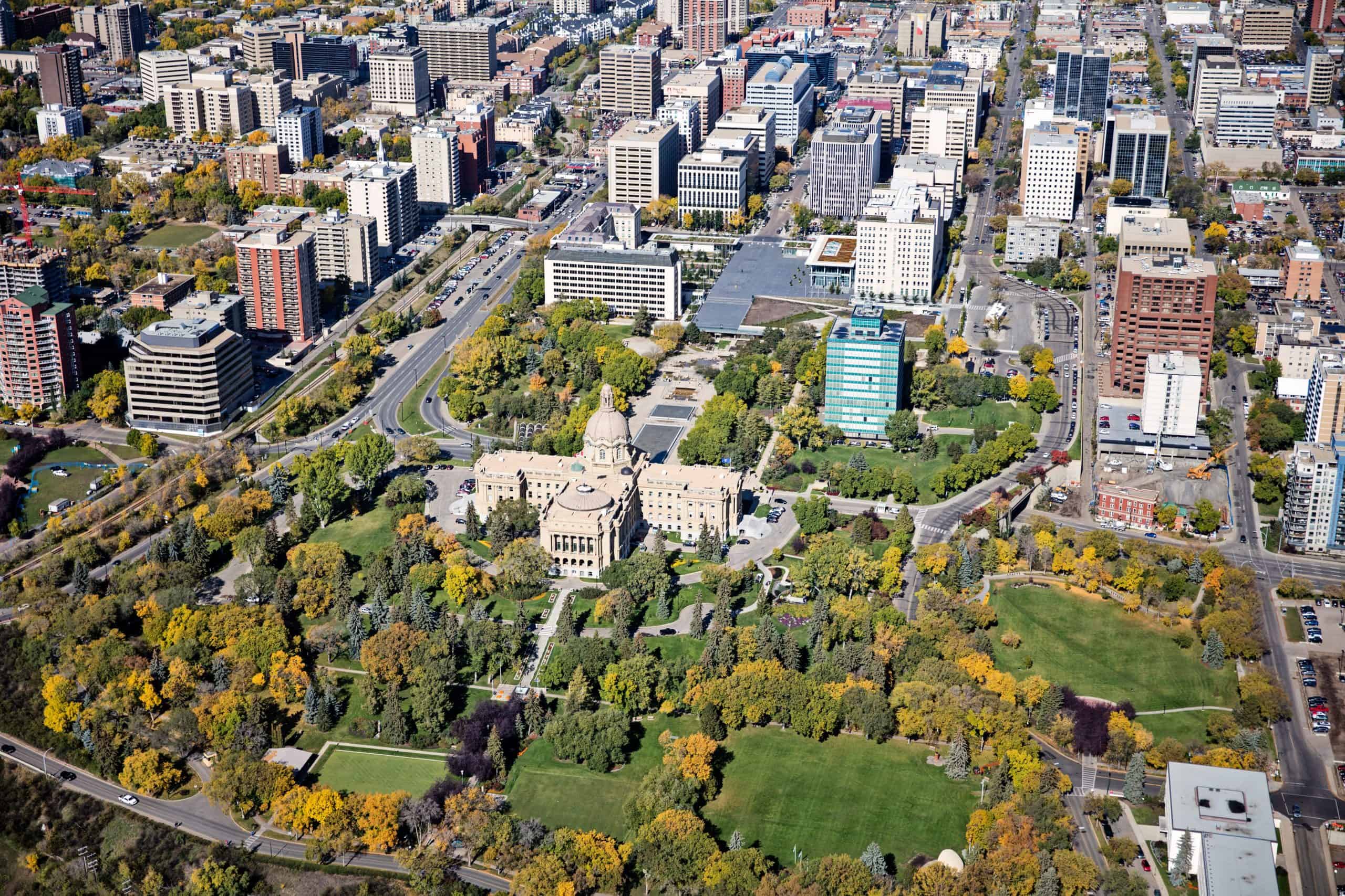 Aerial shot of the Legislature in fall