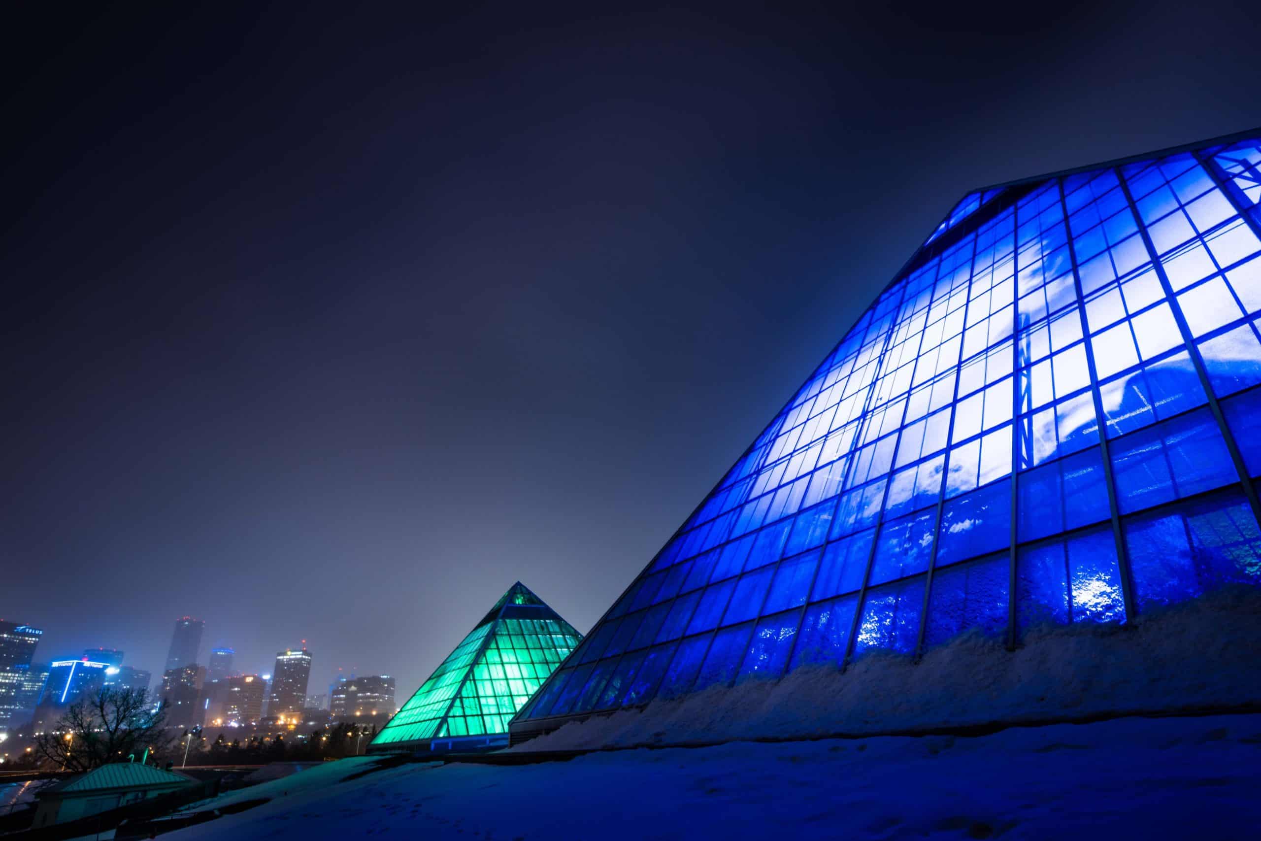 Muttart Pyramids at night in winter