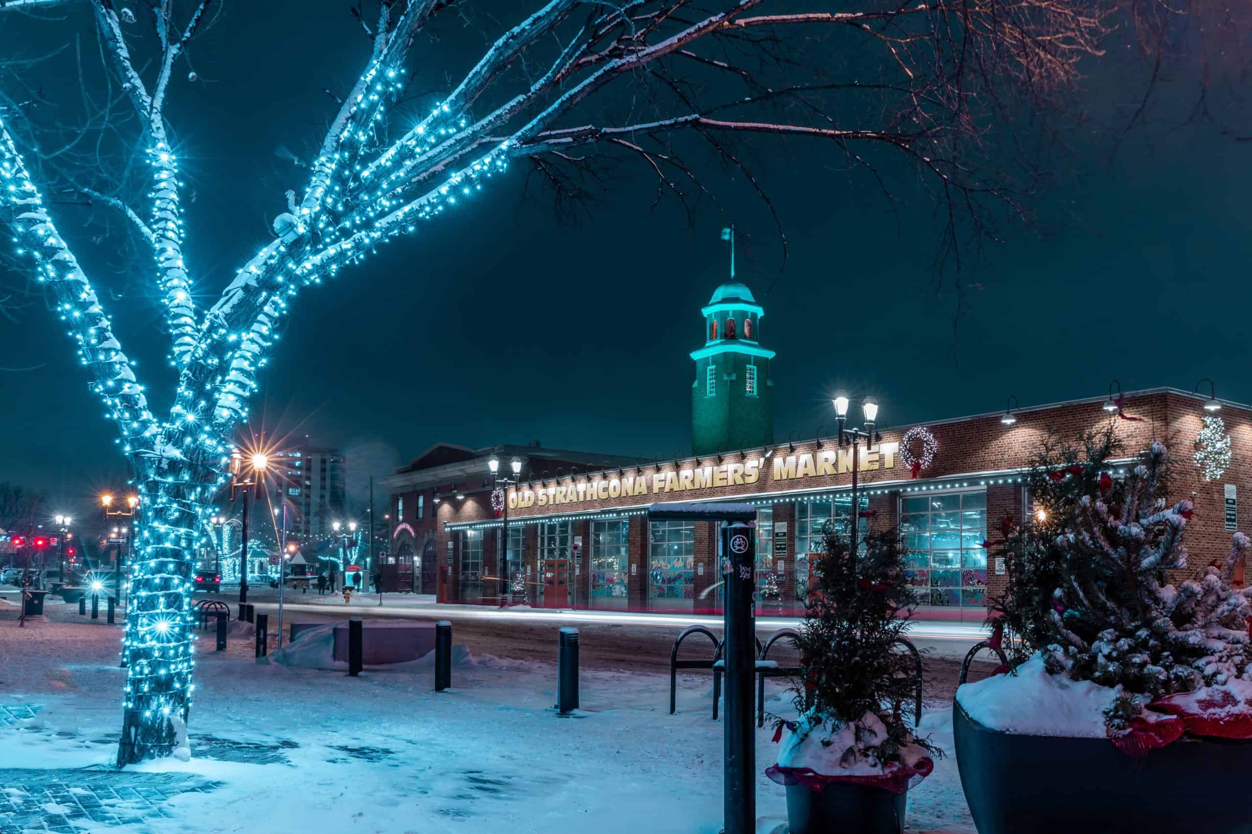 Od Strathcona Farmer's Market in winter at night