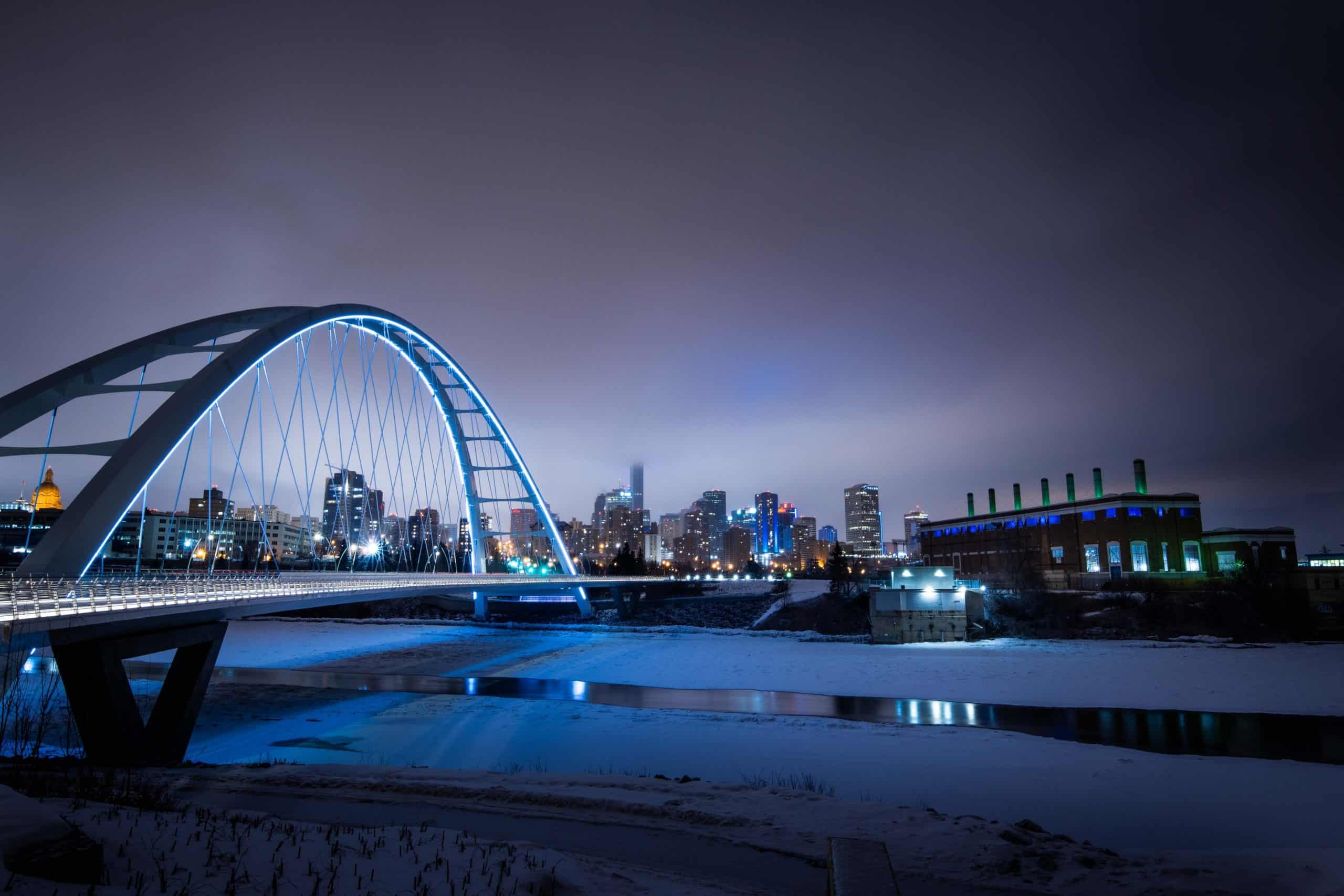 Walterdale Bridge with skyline at night in winter