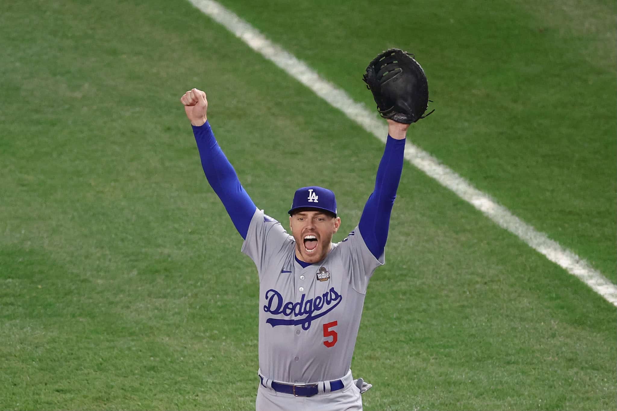 World Series MVP Freddie Freeman celebrates winning the 2024 World Series with the Los Angeles Dodgers