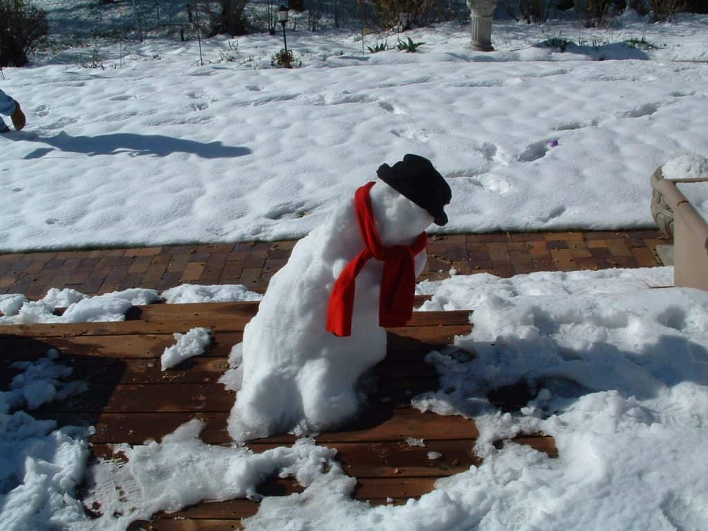 A snowman melting in a backyard