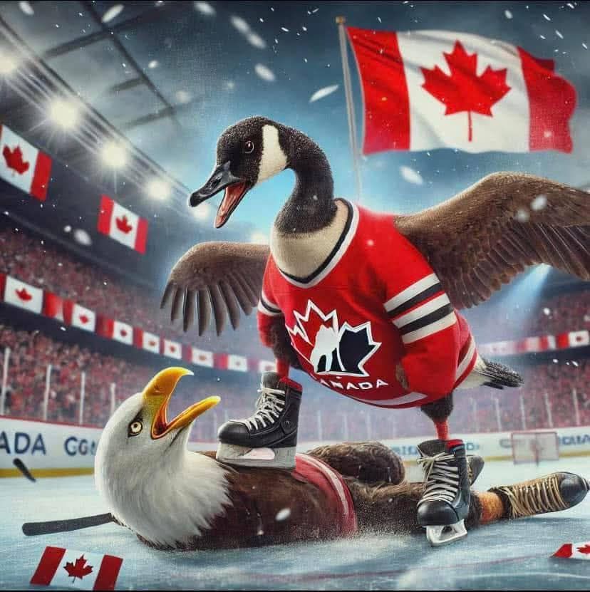 Canada goose wearing Team Canada jersey and skates standing over vanquished bald eagle