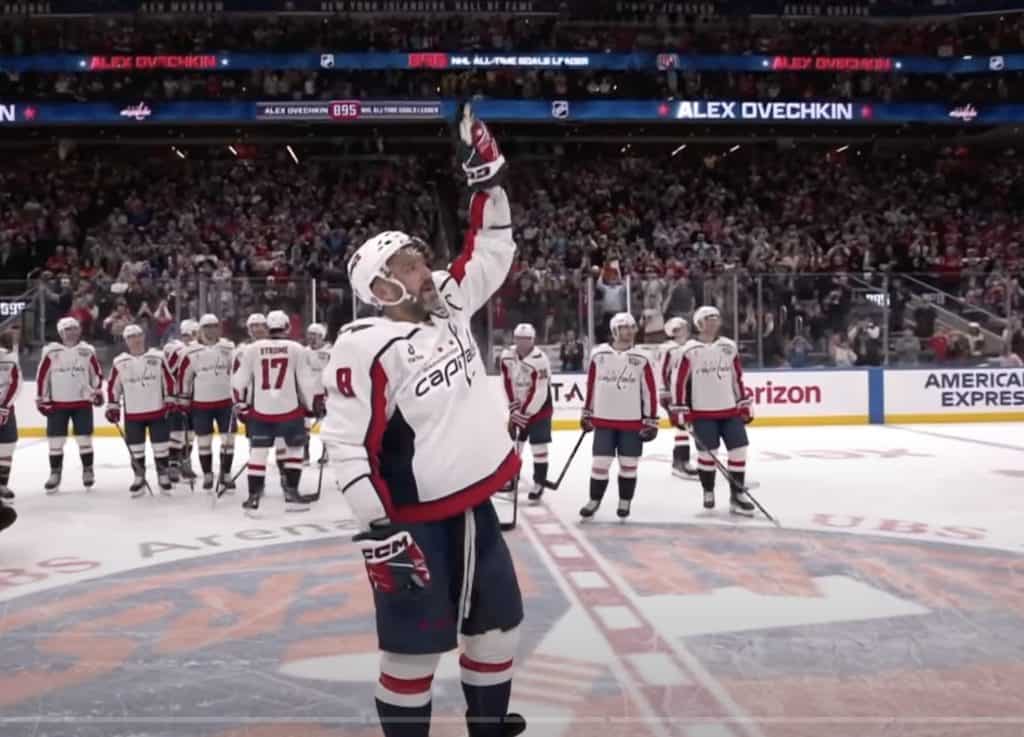 Alexander Ovechkin acknowledging the crowd after scoring his record-breaking 895th career NHL goal.