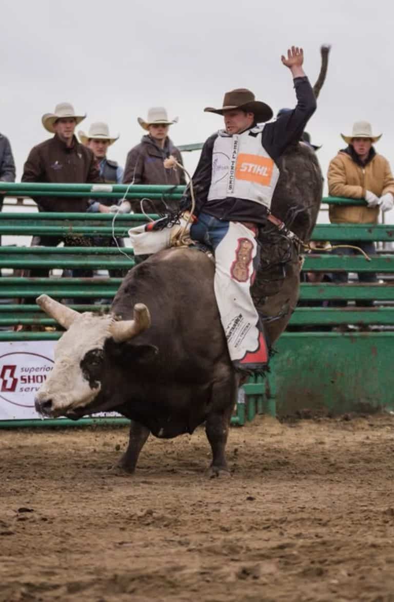 A bull rider riding a bull