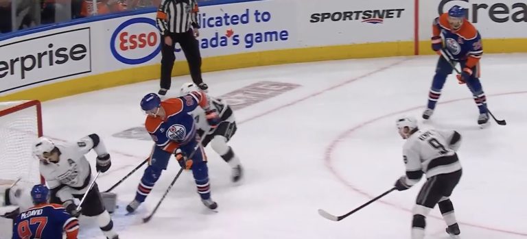 Leon Draisaitl (top right) waits for the pass that will become the game winning goal in Game 4 vs. the L.A. Kings