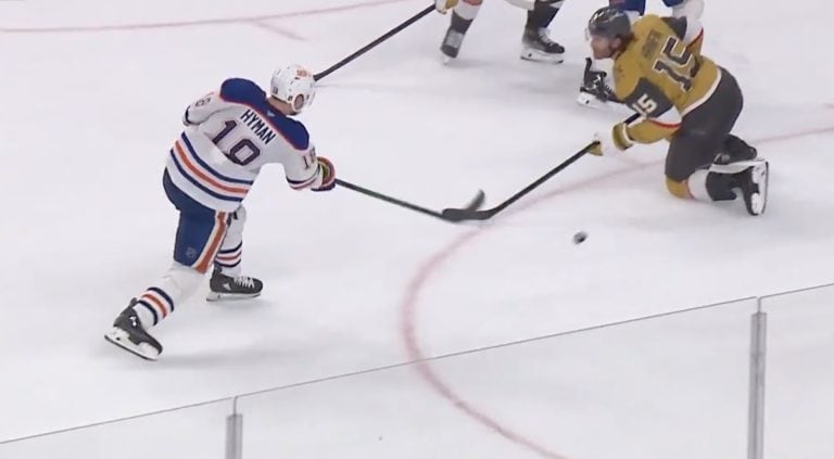 Zach Hyman takes a shot that finds the back of the net for the winner in the 3rd Period of Game 1.