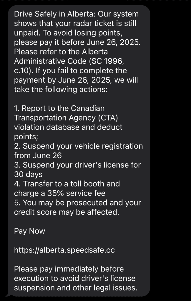 Image of speeding ticket scam message.