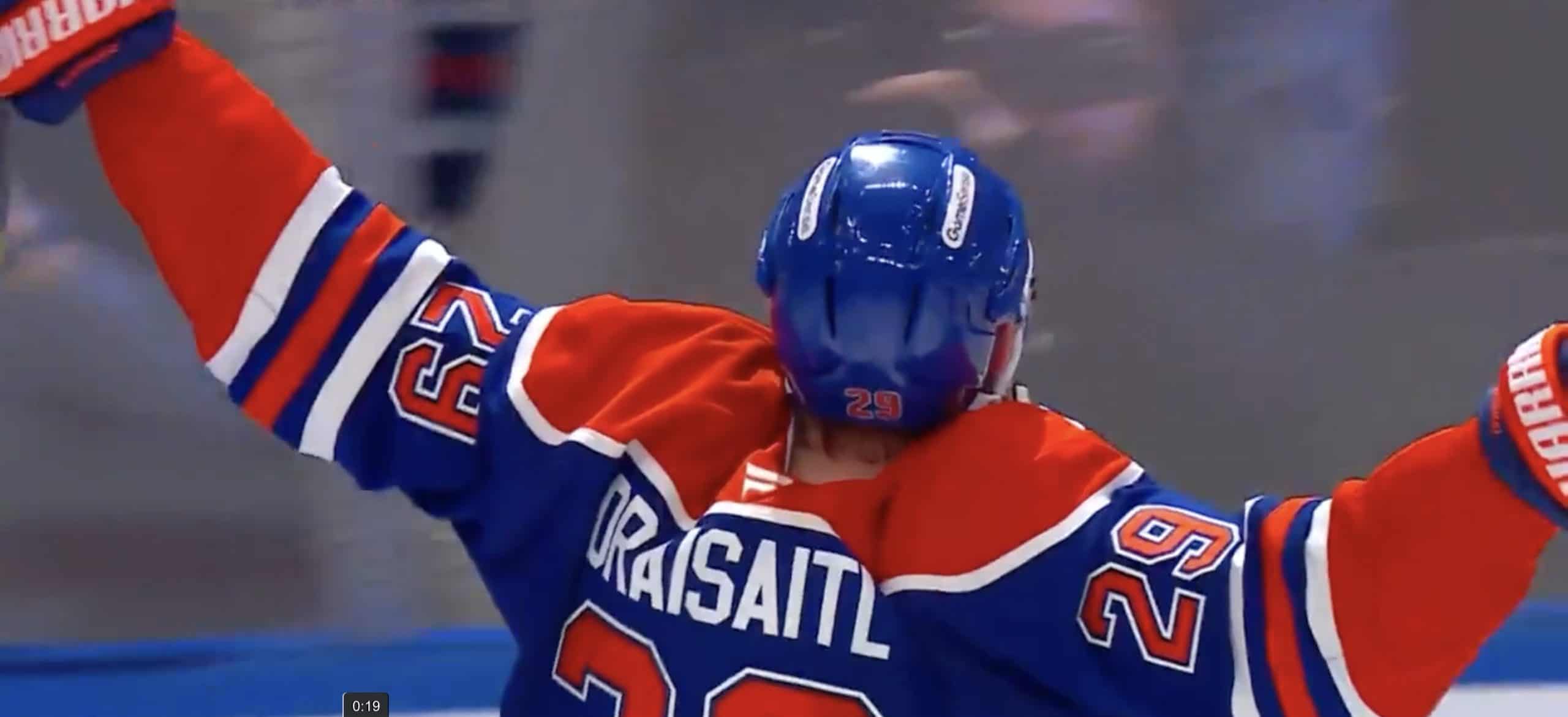 Leon Draisaitl celebrates after scoring the overtime winner in Game 1.